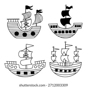 Conjunto de barcos piratas con diferentes velas y banderas y cráneo y huesos cruzados Vector sketch
