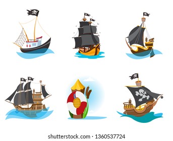 Set of pirate ships and lifebuoy. Vector illustrations isolated on white background for pirate party, mobile games and much more.