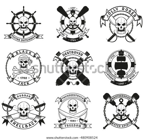 Set Pirate Skulls Logos Ribbons Swords Stock Vector (Royalty Free ...