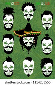 A set of pirate skulls with mustaches and beards in a Mexican sombrero. Pirate hipster skulls. Vector illustration.