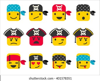 Set of pirate smileys with different emotions. Vector icons.