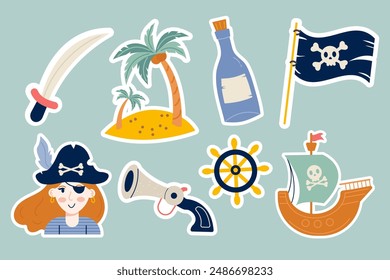 Set Piraten-Aufkleber flaches Design auf weißem Hintergrund