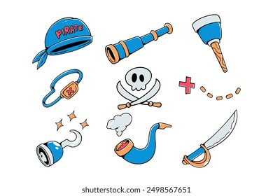 Conjunto de suministros piratas coloridos diseños de elementos de ilustración de doodle con sombrero, parche de ojo, pierna protésica, mano de martillo, espada, cráneo y pipa de fumar Vector de dibujos animados para niños Imprimir y suministros