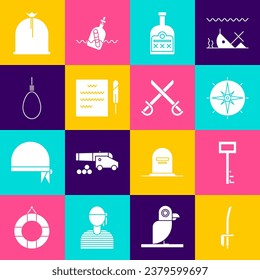 Set Pirate sword, key, Wind rose, Alcohol drink Rum bottle, Feather pen and scroll, Gallows rope loop hanging, sack and Crossed pirate swords icon. Vector