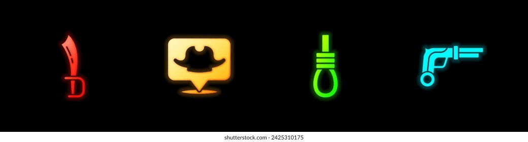 Set Pirate sword, Location pirate, Gallows rope loop hanging and Vintage pistols icon. Vector