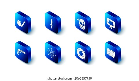 Fijar la espada pirata, el cráneo, el pirata de localización, el mapa del tesoro, la boya, el volante del barco, las pistolas vintage y el icono del tubo de humo. Vector