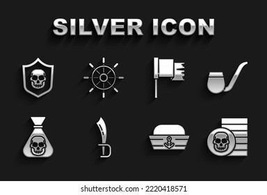 Fijar la espada pirata, el tubo humeante, la moneda, el sombrero marinero, la bandera, el escudo con el cráneo pirata y el icono del volante de la dirección del buque. Vector