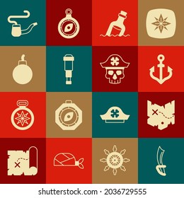 Fijar la espada pirata, el mapa del tesoro, el ancla, la botella con mensaje en el agua, la lente del telescopio Spyglass, la bomba lista para explotar, la tubería de fumar y el icono del capitán. Vector