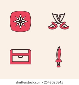 Set Pirate sword, Wind rose, Crossed pirate swords and Antique treasure chest icon. Vector