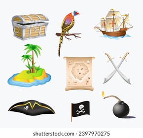 Satz von Piratensymbolen. Piratenartikel auf weißem Hintergrund. Vektorgrafik