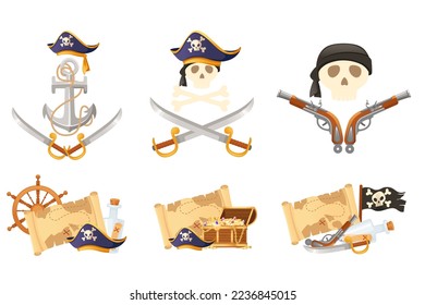 Conjunto de temas piratas con cráneo de barco e ilustración vectorial de arma sobre fondo blanco
