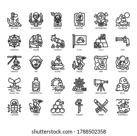 Conjunto de iconos de línea delgada pirata y píxeles perfectos para cualquier proyecto web y de aplicación. 