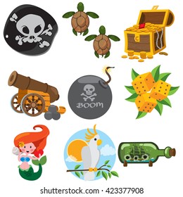 Set pirate things. Pirate black mark, sea turtle, dice, bomb, cannon, mermaid, parrot, treasure chest.