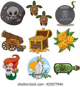 Set pirate things. Pirate black mark, sea turtle, dice, bomb, cannon, mermaid, parrot, treasure chest.