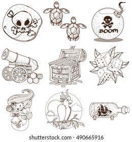 Set pirate things. Pirate black mark, sea turtle, dice, bomb, cannon, mermaid, parrot, treasure chest.