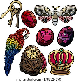 Set of pirate things, cartoon style, treasures, vector illustration, night butterfly, moth, bunch of keys, parrot, macaw parrot, coins, adventure,rubies, precious stones, treasure, money bag, crown