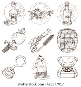 Set pirate things. The ship, rum barrel, pirate hook, dagger, pistol, compass, piranha, a bottle with a message.