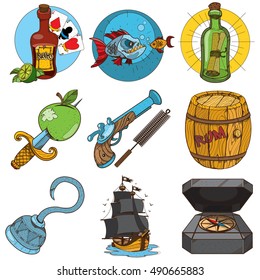 Set pirate things. The ship, rum barrel, pirate hook, dagger, pistol, compass, piranha, a bottle with a message.