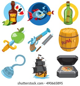 Set pirate things. The ship, rum barrel, pirate hook, dagger, pistol, compass, piranha, a bottle with a message.