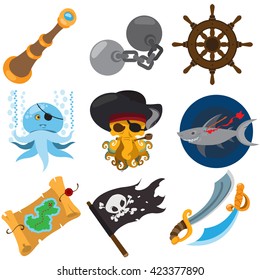 Set Pirate Things. Spyglass, Octopus, Irons, Steering Wheel, Treasure Map, Jolly Roger Flag, Shark, Sword.