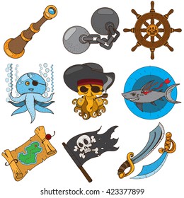 Set Pirate Things. Spyglass, Octopus, Irons, Steering Wheel, Treasure Map, Jolly Roger Flag, Shark, Sword.