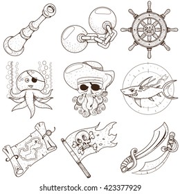 Set Pirate Things. Spyglass, Octopus, Irons, Steering Wheel, Treasure Map, Jolly Roger Flag, Shark, Sword.