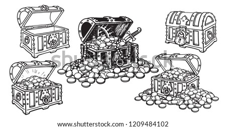 Set of pirate treasure chests in sketch style open and closed, empty and full of gold coins and jewelry. Hand drawn vector illustration isolated on white background.