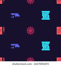 Set Pirate treasure map, Cannon with cannonballs, Ship steering wheel and Feather pen and scroll on seamless pattern. Vector