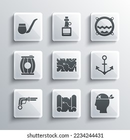 Fijar el mapa del tesoro pirata, capitán, ancla, pistolas vintage, cañón de pólvora de arma, tubo de tabaco y ojo de buceo con icono de la capa marina. Vector