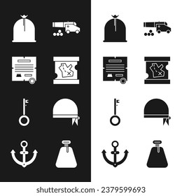 Set Pirate treasure map, Decree, parchment, scroll, sack, Cannon with cannonballs, key, bandana for head,  and Anchor icon. Vector
