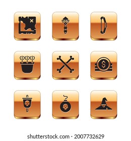 Set Pirate treasure map, flag, Bomb ready to explode, Crossed human bones, Quiver with arrows, Medieval bow, Witch hat and Magic wand icon. Vector