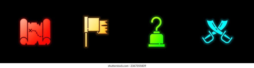 Indique el mapa del tesoro pirata, la bandera, el gancho y el icono espadas piratas cruzadas. Vector