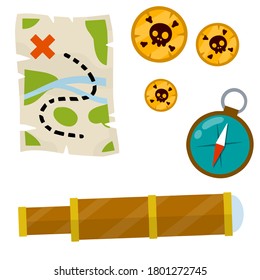 Set of pirate. Treasure map and gold coins. Treasure and a telescope. Compass for navigation. Search for adventure and travel. Flat cartoon illustration isolated on white