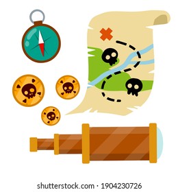 Juego de piratas. Mapa del tesoro y monedas de oro. El tesoro y el telescopio. Buscar aventura y viajes. Ilustración de caricatura plana aislada en blanco. brújula de navegación