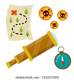 Set of pirate. Treasure map and gold coins. Treasure and a telescope. Compass for navigation. Flat cartoon illustration isolated on white. Search for adventure and travel