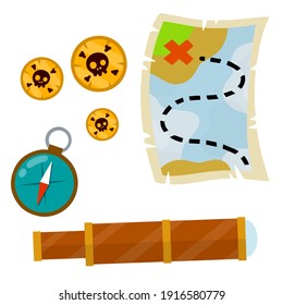 Juego de piratas. Mapa del tesoro y monedas de oro. El tesoro y el telescopio. brújula de navegación. Buscar aventura y viajes. Ilustración de dibujos animados planos aislados en blanco