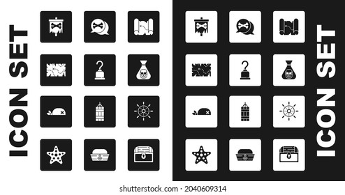 Set Pirate treasure map, hook, flag, coin, Location pirate, Ship steering wheel and bandana for head icon. Vector
