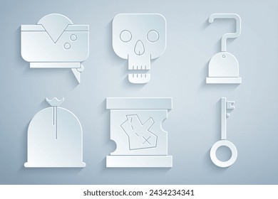 Set Pirate treasure map, hook, sack, key, Skull and hat icon. Vector