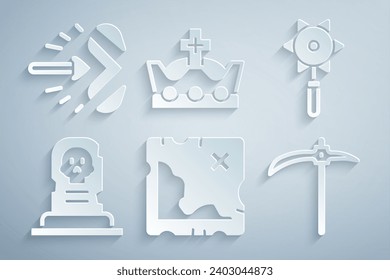 Set Pirate treasure map, Medieval chained mace ball, Grave with tombstone, Pickaxe, King crown and Magic arrow icon. Vector