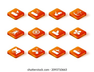 Set Pirate treasure map, Paddle, Lighthouse, Ship steering wheel, Cruise ship, Shark fin ocean wave, Submarine and Boat propeller icon. Vector