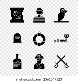 Set Pirate treasure map, Sailor captain, parrot, Alcohol drink Rum bottle, Crossed pirate swords, Tombstone with RIP written and Lifebuoy icon. Vector
