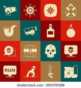Establece el mapa del tesoro pirata, el cráneo, la bomba lista para explotar, la rosa eólica, el cañón, la tubería de tabaco y la bebida alcohólica Icono de ron. Vector