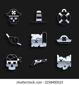 Set Pirate treasure map, Vintage pistol, hat, captain, eye patch, Lifebuoy and  icon. Vector