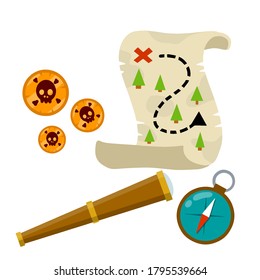 Set of pirate. Treasure and a telescope. Compass for navigation. Search for adventure and travel. Flat cartoon illustration isolated on white. Treasure map and gold coins