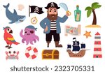 Set of pirate vector elements. Man with wooden leg, eye patch and sword. Flags and ships, parrot, map and treasure chest. Sea travel and adventure. Cartoon flat collection isolated on white background