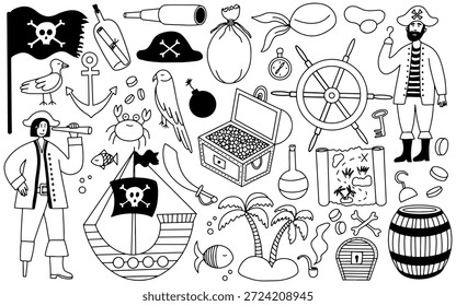 Conjunto de piratas e aventuras. Conjunto de vetores de piratas desenhados à mão. Navio, bandeira pirata, baú do tesouro, mapa do tesouro