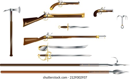 Set of pirates boarding weapon, colored vector illustration. Monochrome vintage melee and firearms for corsair or raider.