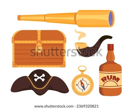 Set for pirates concept. Black hat with crossed bones, golden telescope and chest with treasure. Nautical adventure and travel. Cartoon flat vector collection isolated on white background