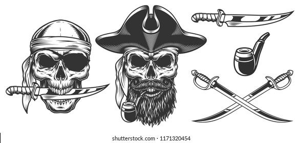 Set of pirates. Concepts with skulls. Vector illustraiton