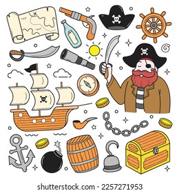 Piraten-Set Doodle handgezeichnete Objekte Vektorgrafik